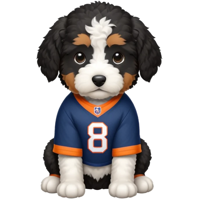 black and white bernedoodle puppy wearing broncos jersey emoji