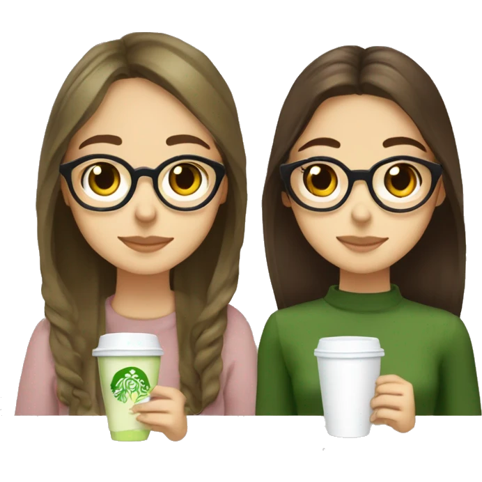 two girls drinking matcha lattes together they both have brown hair and brown eyes one has glasses and straight hair the other has wavy hair slightly shorter than the other girl  emoji