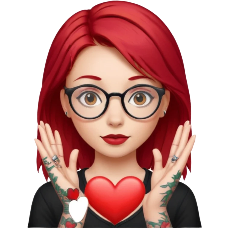 Beautiful girl, with glasses, red hair, tall, slim, with tattoos and small piercing, showing heart with hands emoji