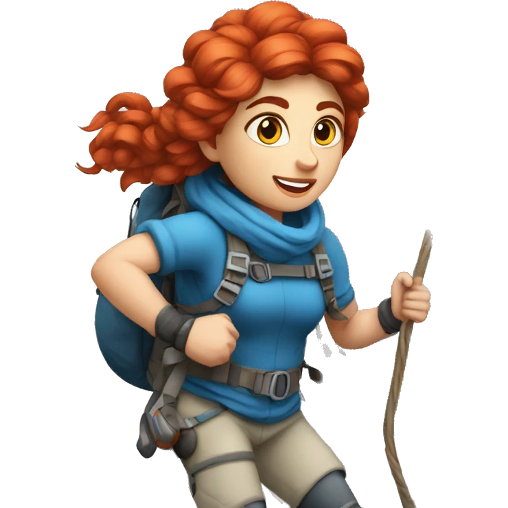 Greek Female winter mountaineer red hair white skin climbing with Greek Flag and Easter eggs basket emoji