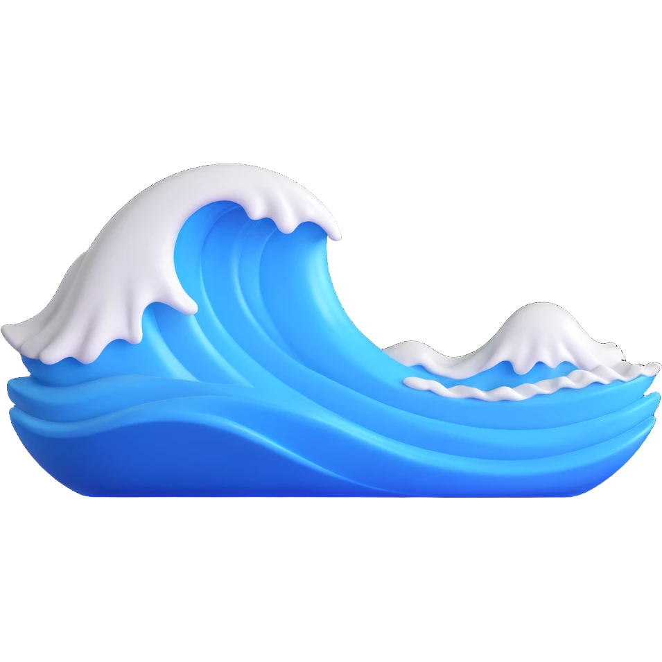 Make a wave emoji that looks exactly like the reference image, in iOS emoji style. 3D, shiny, smooth gradients, soft shadows, realistic wave shape, blue and white colors. Add a subtle highlight to the crest. emoji