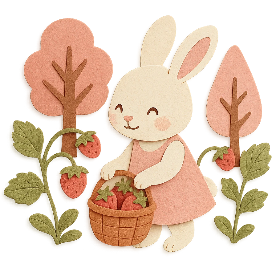 highly detailed, high quality paper craft style illustration of a bunny picking strawberries in the woods, sweet pastel red colors, intricate textures, soft lighting, delicate cut-paper details emoji
