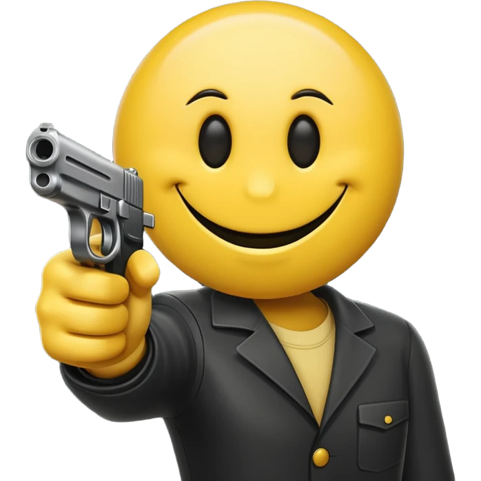 Yellow smiley face holding gun pointing towards screen emoji