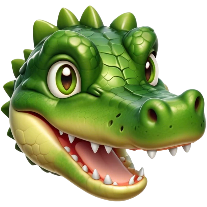 Cinematic Realistic Cute Crocodile Portrait Emoji, Head tilted playfully and inquisitively, featuring a robust, well-defined build with intricately detailed, glossy olive-green scales and a surprisingly endearing face with round, sparkling eyes full of unexpected charm, rendered with lifelike texture and natural highlights, high shine, affectionate and spirited, styled with a touch of wild whimsy, soft glowing outline, capturing the essence of a mischievous yet lovable crocodile that seems poised to snap playfully out of the screen into your arms! emoji