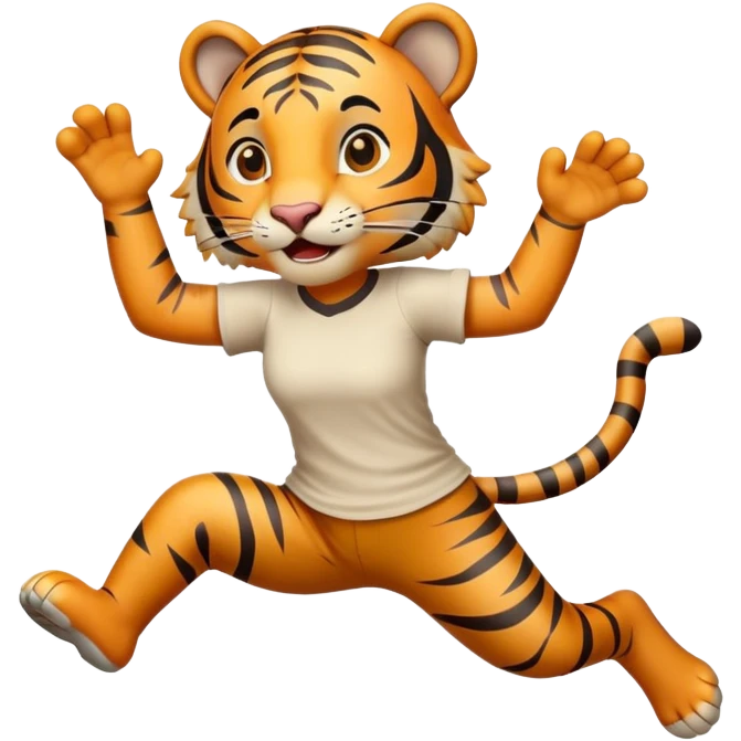 friendly anthropomorphised female tiger in a shirt and pants jumping emoji