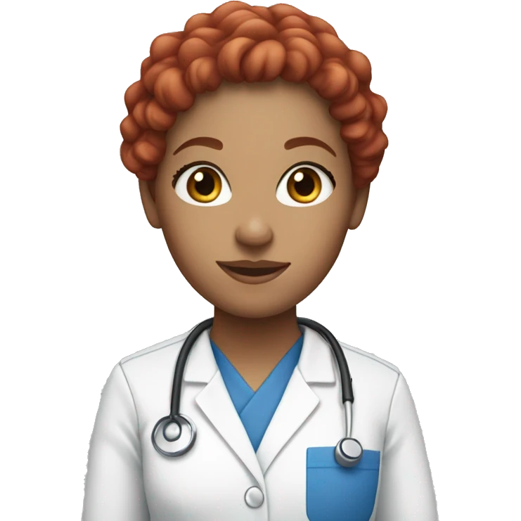 White woman with red long curly hair and blue eyes wearing scrubs emoji