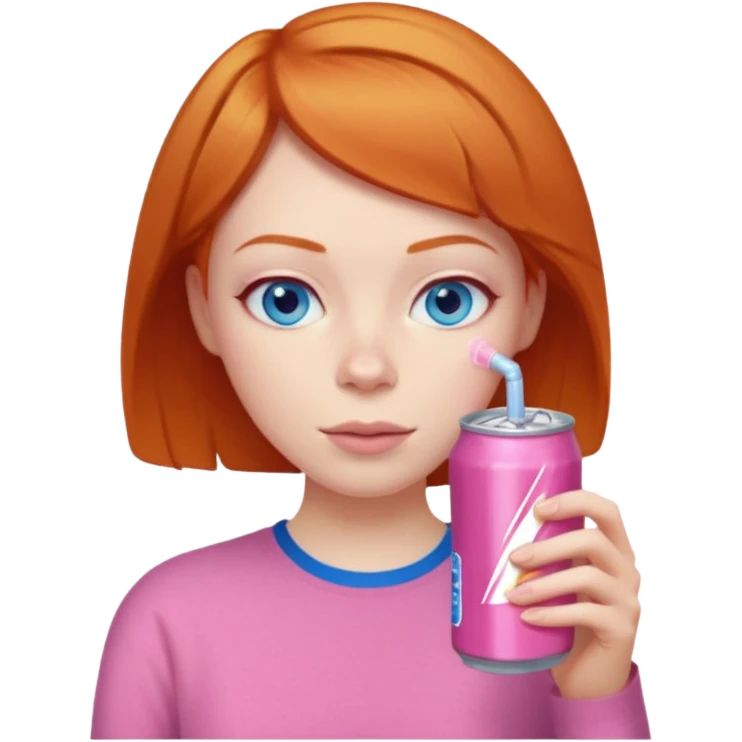 ginger woman short hair, pink shirt, sipping energy drink blue eyes cosy  emoji