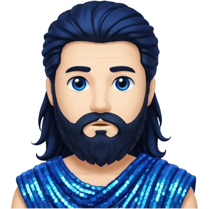 Neptune from Roman Deities with long black hair and beard, blue sequin toga emoji