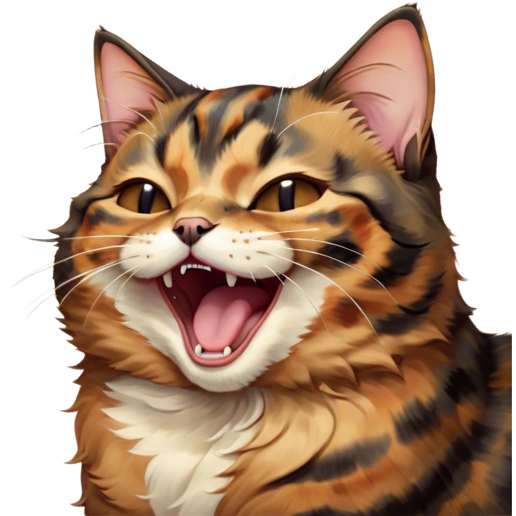 Cinematic Cute Yawning Tortoiseshell Cat Portrait Emoji, Head slightly tilted with a wide, adorable yawn and half-closed, dreamy eyes, featuring a warm, mottled fur of rich browns and blacks, simplified yet irresistibly cute, highly detailed, glowing with a soft, slumbering radiance, high shine, exuding a relaxed, drowsy charm, styled with a gentle, soft glowing outline, capturing the essence of a tortoiseshell cat in a precious moment of sleepy delight! emoji