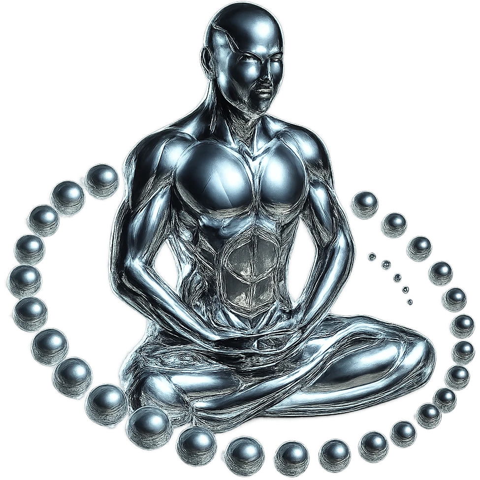 Add a glowing aura around the meditating chrome figure and the spiral of spheres, keep the style highly polished and metallic, no background. emoji
