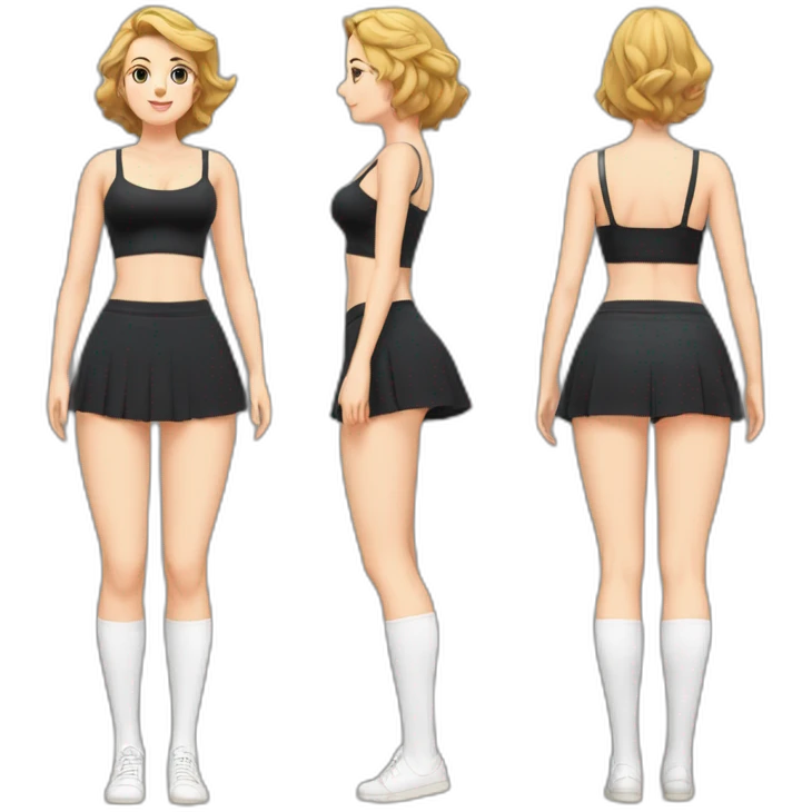 full-body-caucasian-curvy-beauty-кланяется-short-black-skirt-back-and-front-views-strong-wind-knickers-long-white-socks emoji