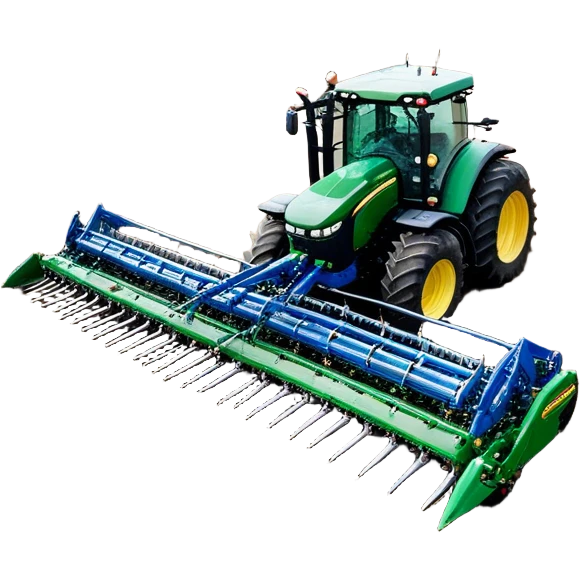 Bourgault 3420 Paralink Hoe Drill (2022) – Cinematic-realistic John Deere 6155M tractor hauling a Bourgault 3420 Paralink Hoe Drill, its powerful green frame pulling the vast blue seeder across endless fields. The machine plants seeds with pinpoint accuracy, leaving precise rows in the rich brown soil,  emoji