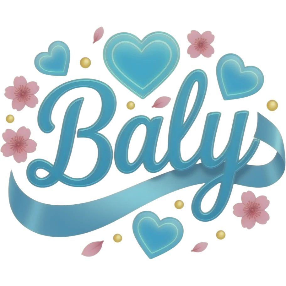 A sleek, sky blue text 'Baly' decorative symbols, adorned with satin ribbons and glowing neon-blue hearts. Surrounded by floating cherry blossom petals and golden bokeh. Vibrant, modern, and feminine with a cinematic glow emoji