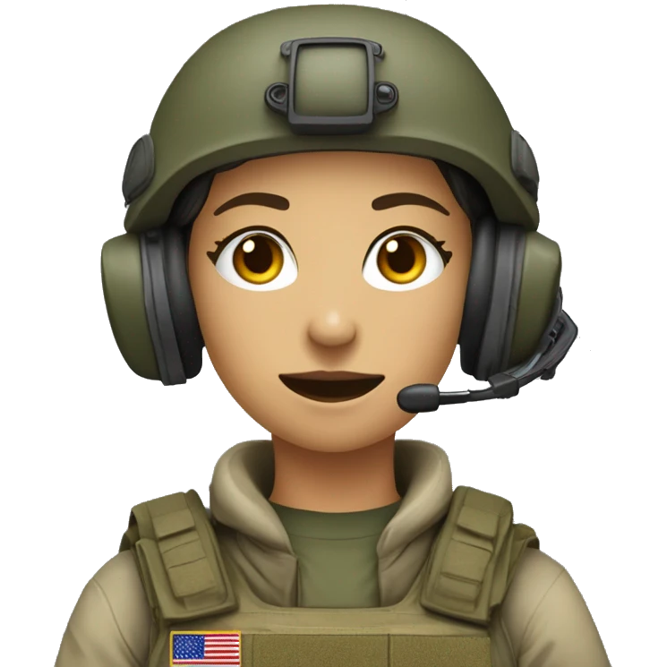Military operator dressed with a helmet, without glasses, wearing a headset, ready to respond to alerts, preferably female, no country badge on clothes emoji