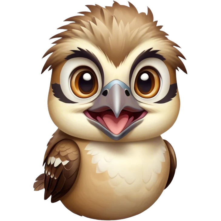 Cinematic Comical Kookaburra Portrait Emoji, Head tilted dramatically with an exaggeratedly amused expression, featuring a strikingly patterned brown and cream plumage with wide, expressive eyes filled with playful disbelief, Simplified yet hilariously expressive features, highly detailed, glowing with a slightly sassy glow, high shine, dramatic yet playful, stylized with an air of cheeky bushland mischief, bright and endearing, soft glowing outline, capturing the essence of a spirited and over‐the‐top kookaburra, so meme‐worthy it feels like it could cackle its way into internet fame instantly! emoji