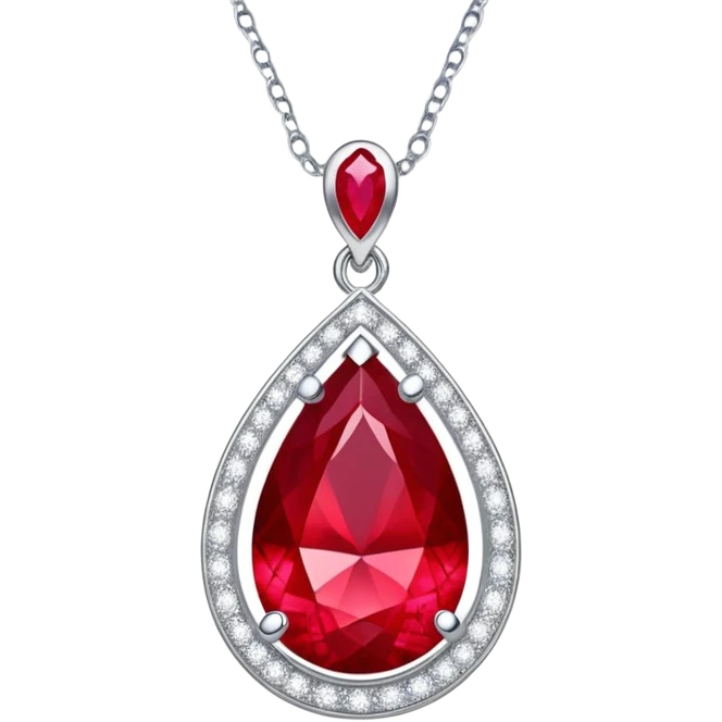 teardrop ruby pendant with silver chain, white stones, and glowing aura of passion emoji
