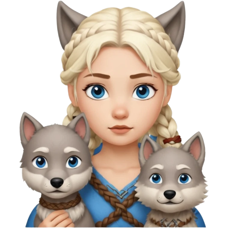 Viking platinum blonde girl with braid and blue eyes. Wolf pet emoji