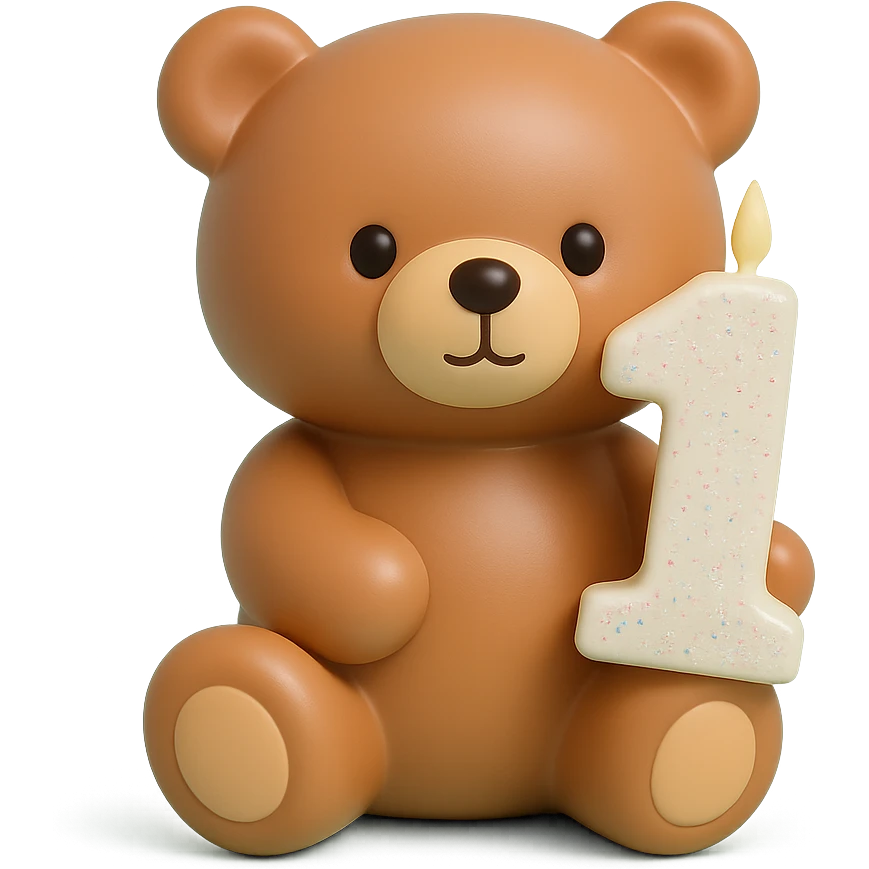 brown teddy holding sparkly number "1" candle, vinyl figure style, transparent background emoji