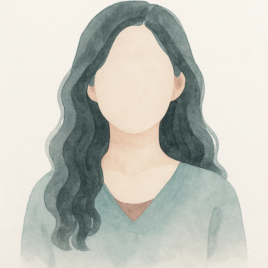 faceless Asian woman with long wavy hair, soft watercolor style emoji