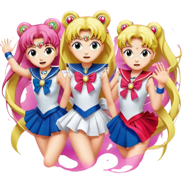 Icon for Anime: vibrant, dynamic scene with heros from Bishoujo Senshi Sailor Moon in action, featuring exaggerated expressions and colorful backgrounds. The design should reflect the distinct, energetic style of anime, with iconic eyes and unique visual elements. Transparent background. emoji