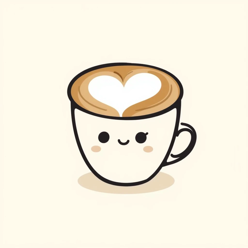latte with heart foam and a cute face, caramel beige and coffee brown, dreamy hand-drawn Japanese style emoji