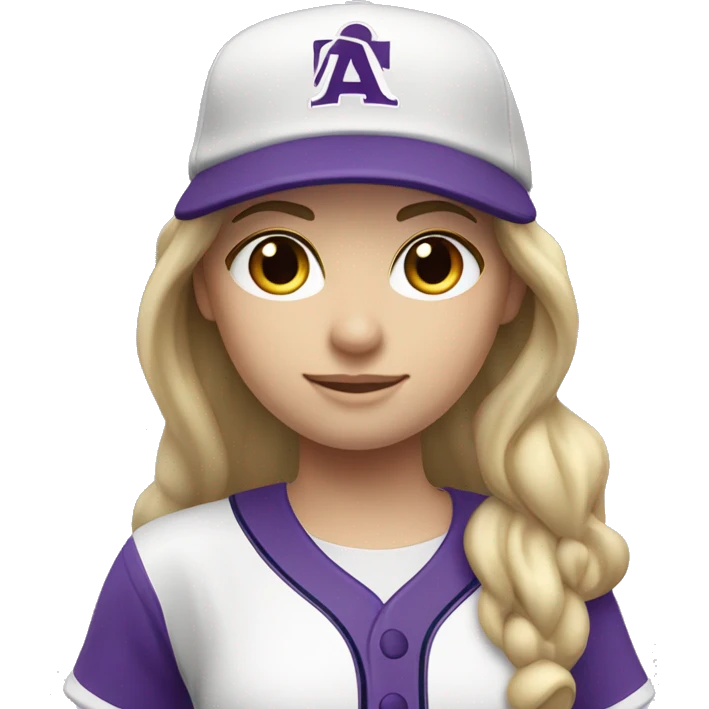 baseball card character. Blonde female long straight hair. C logo. Purple and white uniform. emoji