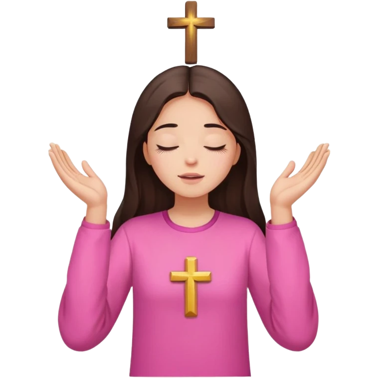 Girl long dark brown hair light medium skin worship God hands lifted eyes closed  pink, no crosses emoji