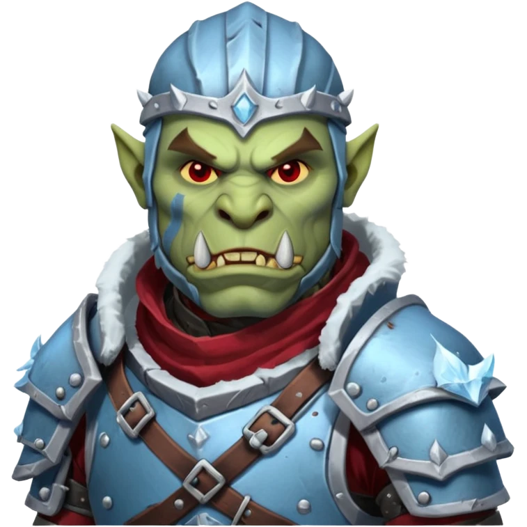 
Fantasy Christmas orc legion soldier icon, iron tundra army theme, heavy winter armor, disciplined brutal look, icy blue steel armor with deep crimson accents, frozen metal texture, cold winter atmosphere, male variant emoji