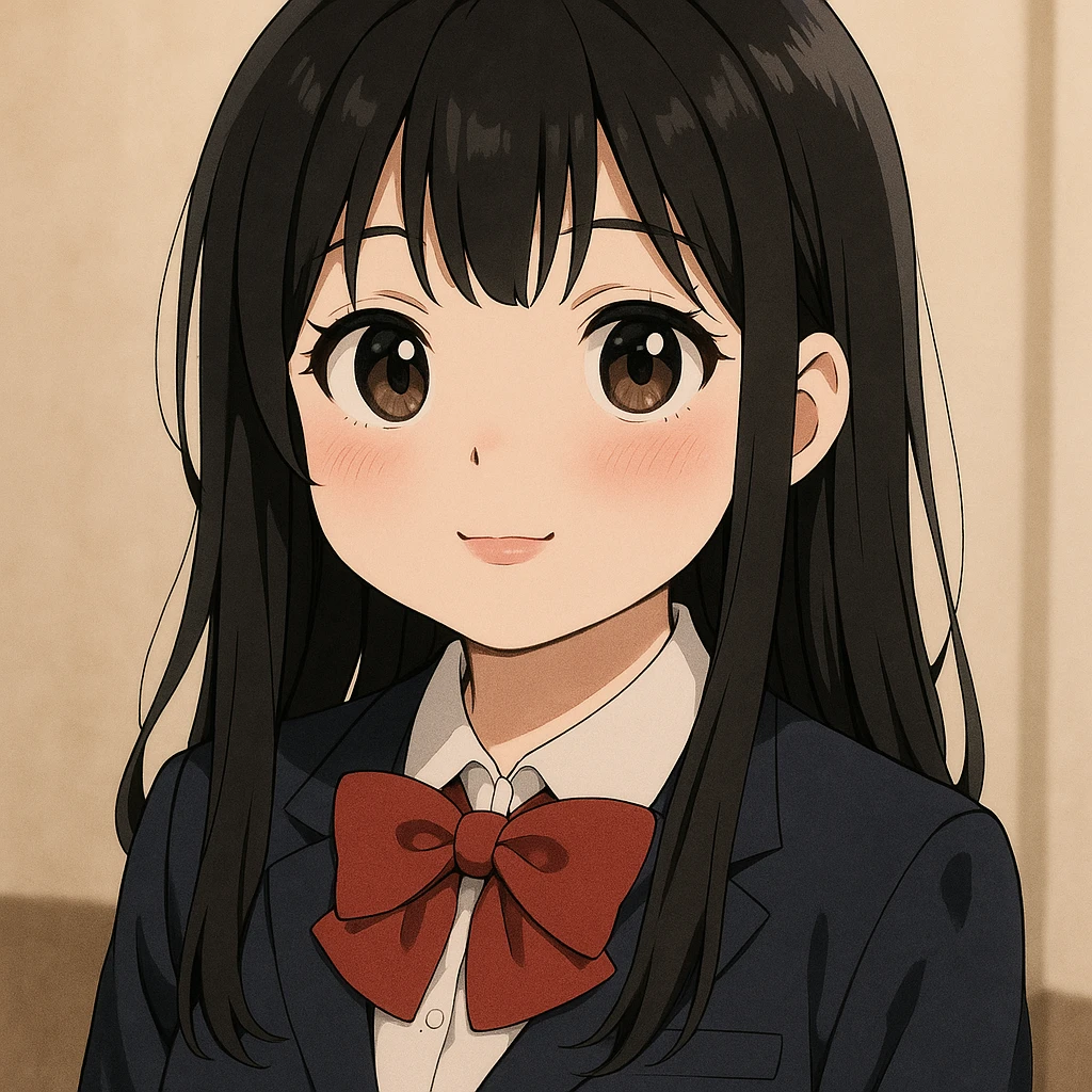 anime inspired light skinned girl with round, slightly upturned brown eyes with long lashes, medium sized full blush colored lips, slightly chubby cheeks, long straight black hair, wearing a school uniform emoji