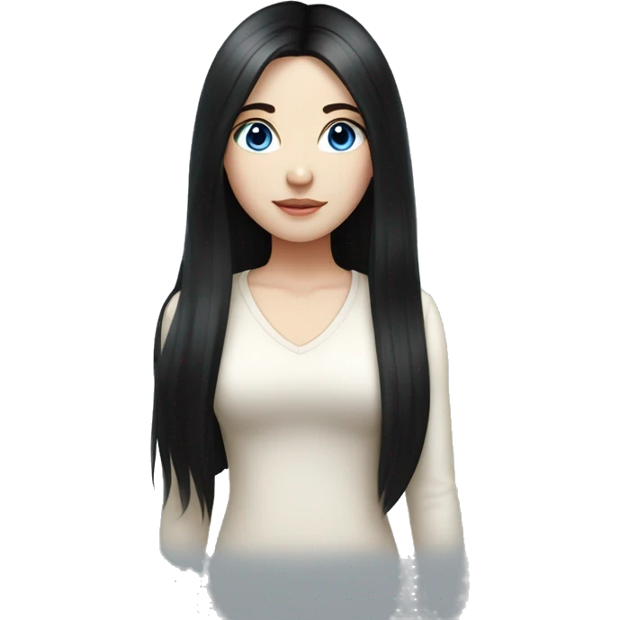 a girl with fair skin, straight long black hair, blue eyes, standing, very beautiful, very hot,Korean American Russian emoji