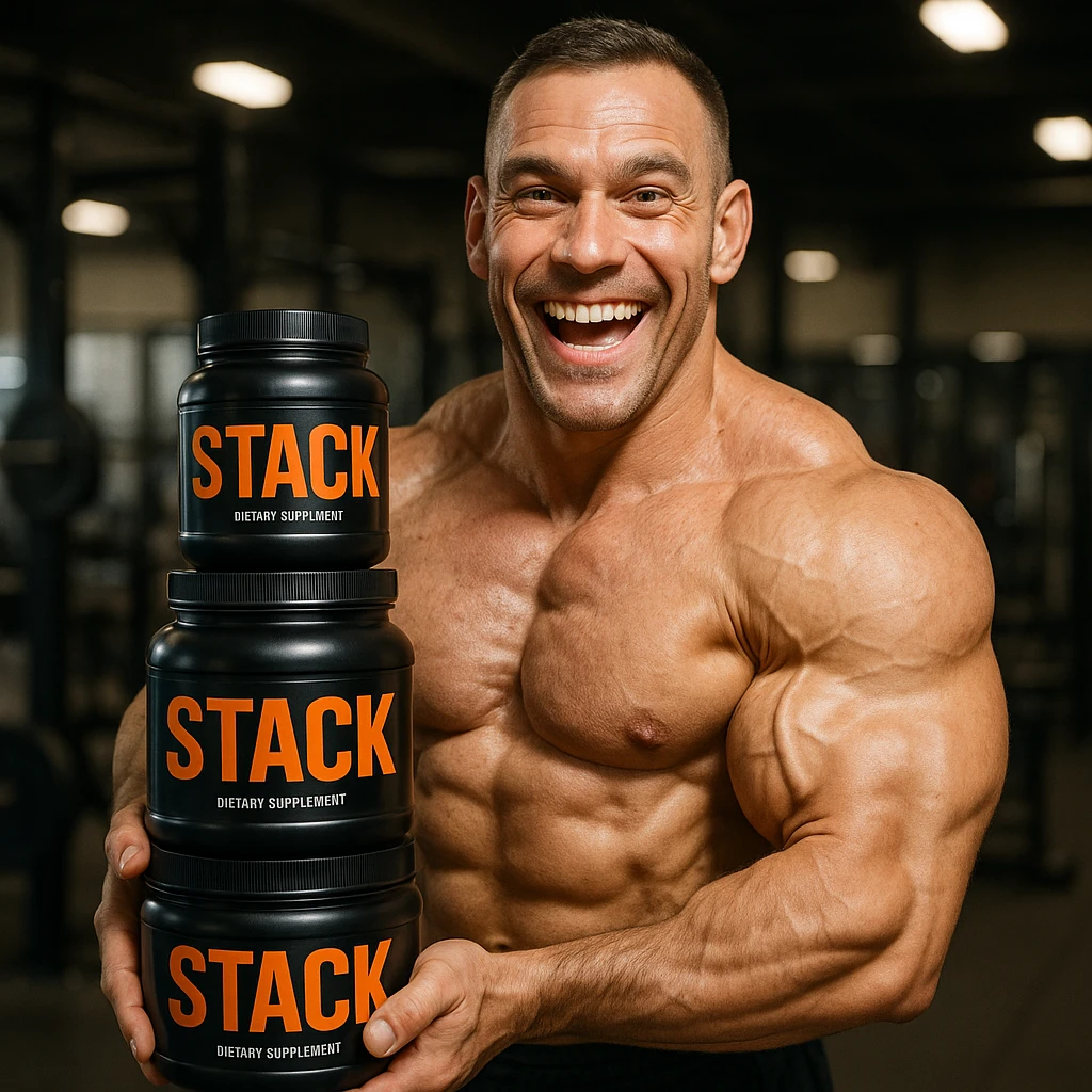 hyper realistic enthusiastic bodybuilder showing a stack of 'stack' supplements with both hands, prominent muscles, joyful expression, realistic details, gym environment emoji