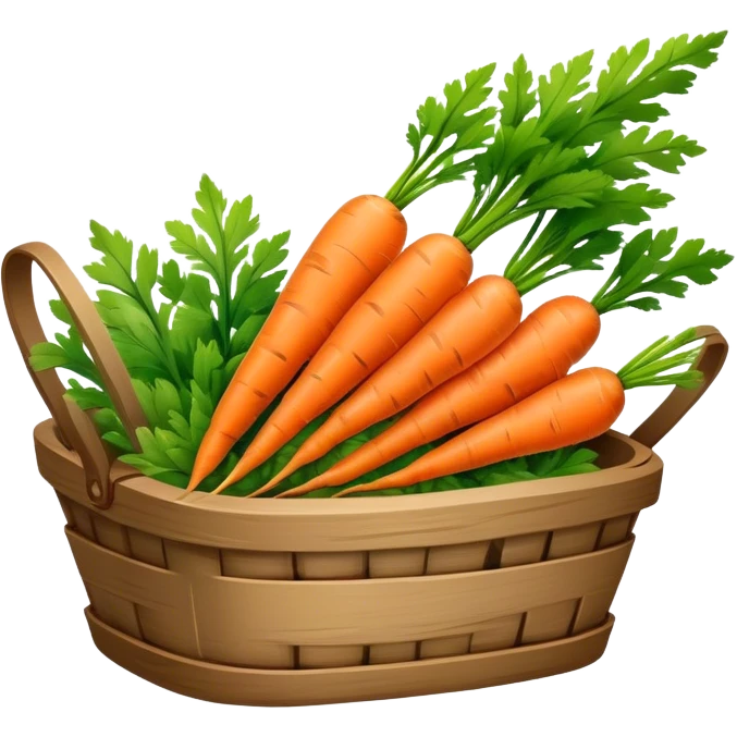 Cinematic vibrant orange carrot, crisp and fresh, slightly twisted with green leafy tops, arranged in a rustic wooden basket, natural and inviting. emoji