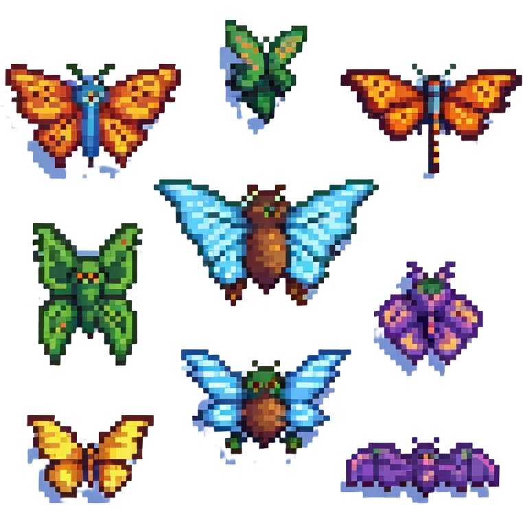 a lineup of winged animals including a bird, bat, butterfly, and dragonfly in pixel art style emoji