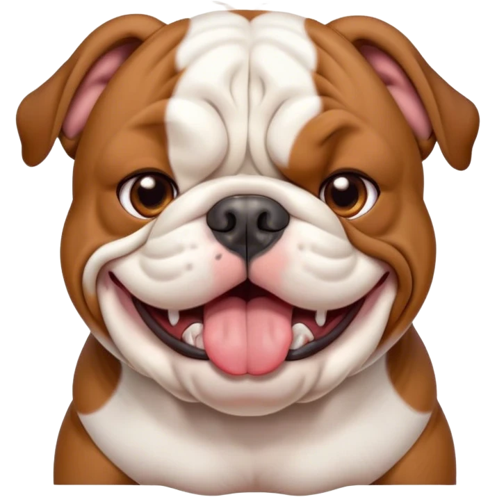 Cinematic Cute Yawning Brown and White English Bulldog Portrait Emoji, Head tilted slightly with a dramatic, wide-open yawn, showcasing a smooth brown and white coat with a defined pattern, floppy ears slightly drooping, round brown eyes barely open in drowsy contentment, Simplified yet irresistibly adorable features, highly detailed, glowing with a soft, cozy glow, high shine, relaxed yet expressive, stylized with a touch of whimsy, bright and endearing, soft glowing outline, capturing the essence of a sleepy yet affectionate guardian, so drowsy it feels like it could stretch out of the screen and curl up for a nap! emoji