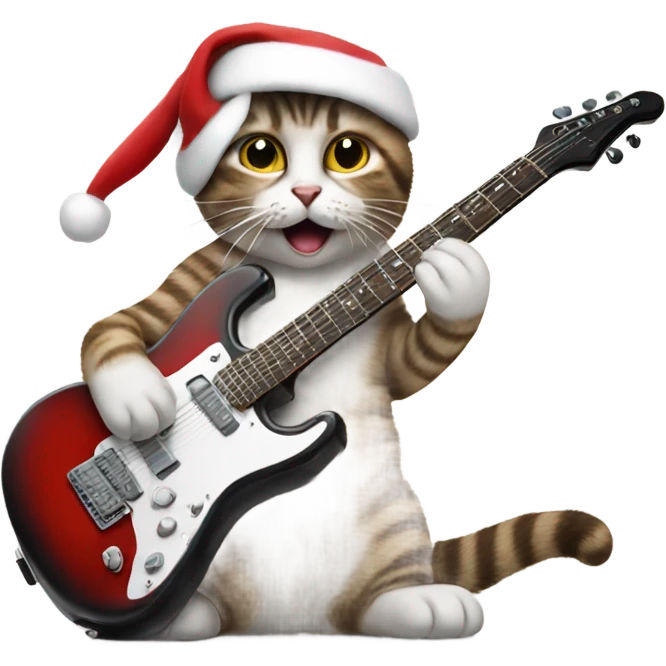 Cat playing electric guitar wearing a Santa hat emoji