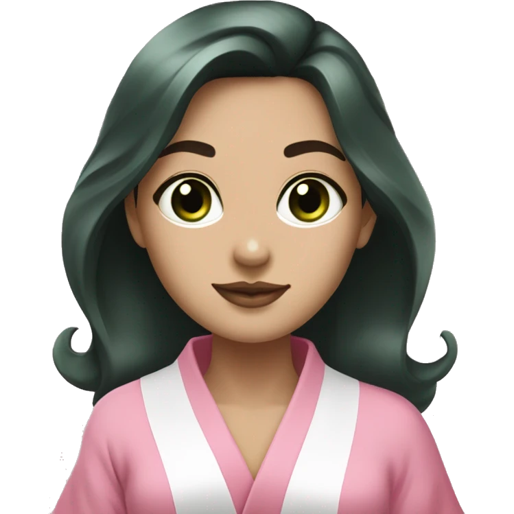 Girl with white skin, dark green eyes, and dark medium length hair, in a pink robe having a spa day emoji