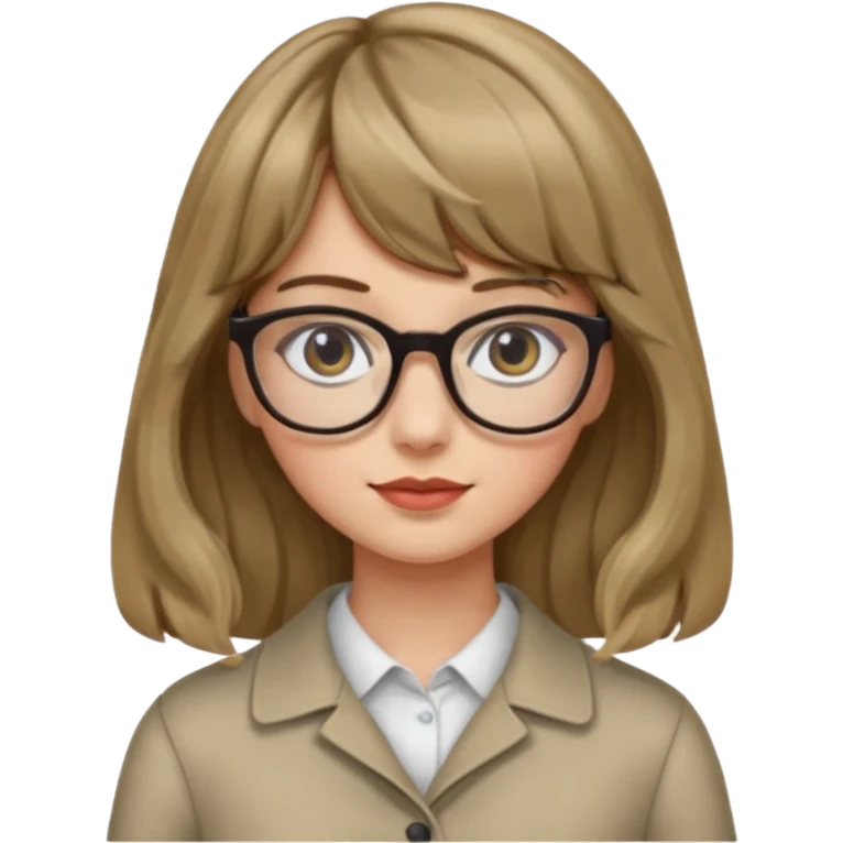 Uma garota de cabelo ondulado loiro escuro,mas com franja lisa e olhos pretos,usa óculos e a cor de pele branca,e o cabelo na cintura emoji