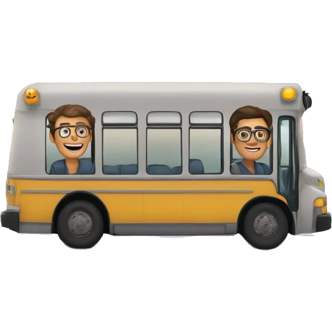 Patrick chauve et Vivianne dans un bus écrit T27 dessus le bus emoji
