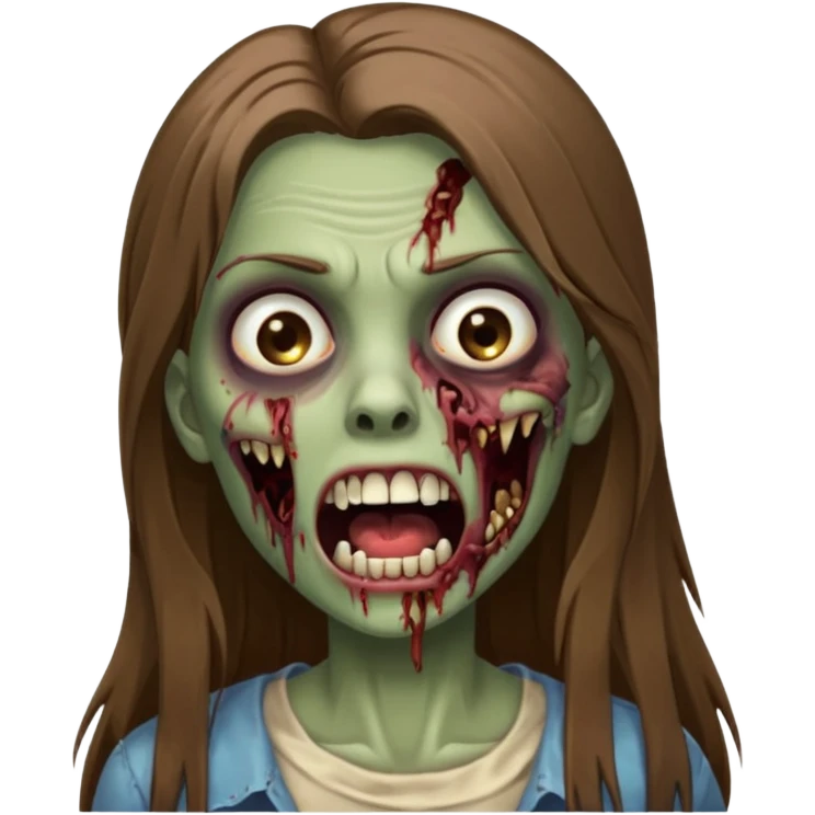 faça uma menina zumbi, ela tem cabelo marrom comprido e bem bem liso, ela nao tem franja. ela usa maquiagem com rimel e ta com a boca aberta emoji