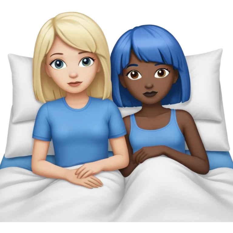 a white girl with blonde hair and a black girl with a blue wig laying in bed emoji