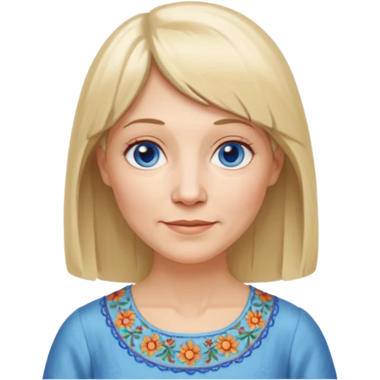 50 yr old white woman, hippie parted hair, short bangs, very long straight blond hair, oval face, small smile, blue eyes, thin face, hair downback, hair parted at center of head, round cheeks, pale, longer hair, white dress emoji