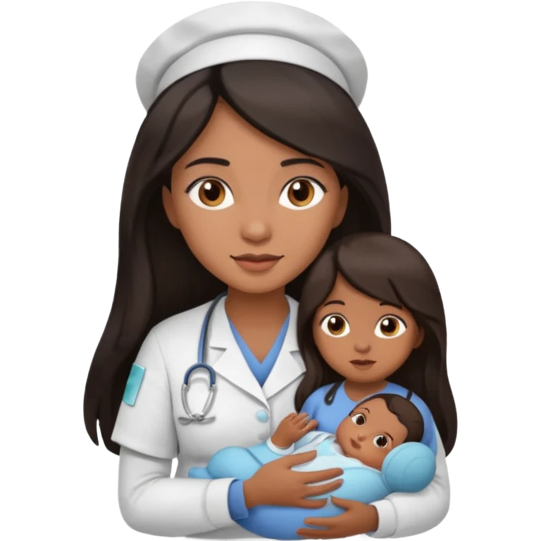 Female nurse with long dark hair with medium brown skin and brown eyes holding a baby emoji
