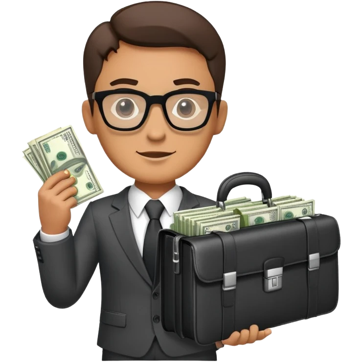 Male businessman wearing a suit and glasses holding open a briefcase showing stacks of dollar bills inside emoji
