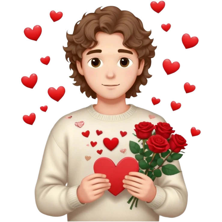 Pretty romantic boyfriend with soft eyes and wavy hair, holding roses and love letters, heart sparkles around him, wearing cozy sweater, dreamy  emoji