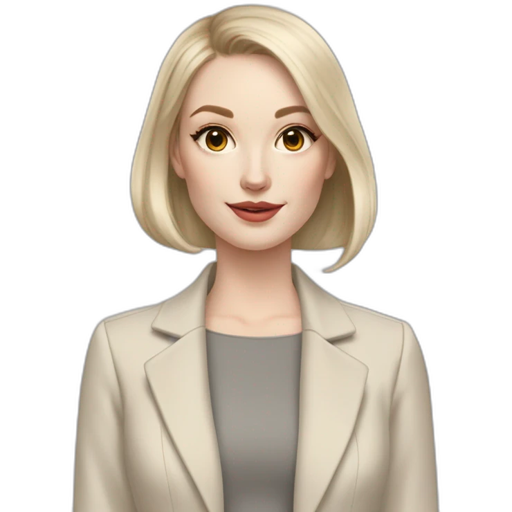 pale skin woman with ash blonde Straightened bob Hair, White Spacious classical jacket, beige palazzo Arrow pants and gray blouse holding a color palette in the hands emoji