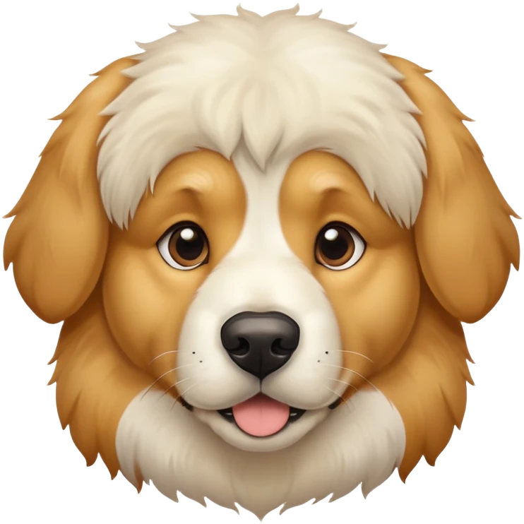 This is a big, dog with a white and brown face thats fur texture is like a golden retriever who got way too close to the camera,  emoji