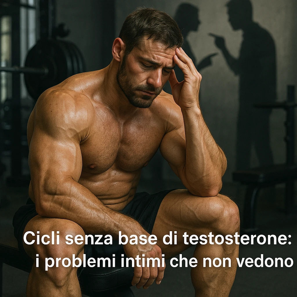 bodybuilder che fa cicli senza base di testosterone, con problemi intimi legati alla coppia, iper realistica, in italiano se usi testo emoji