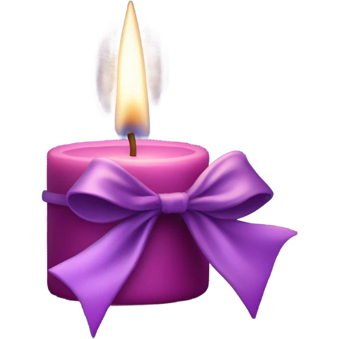 A dark pink candle wrapped with a deep lavender satin bow, glowing softly. emoji