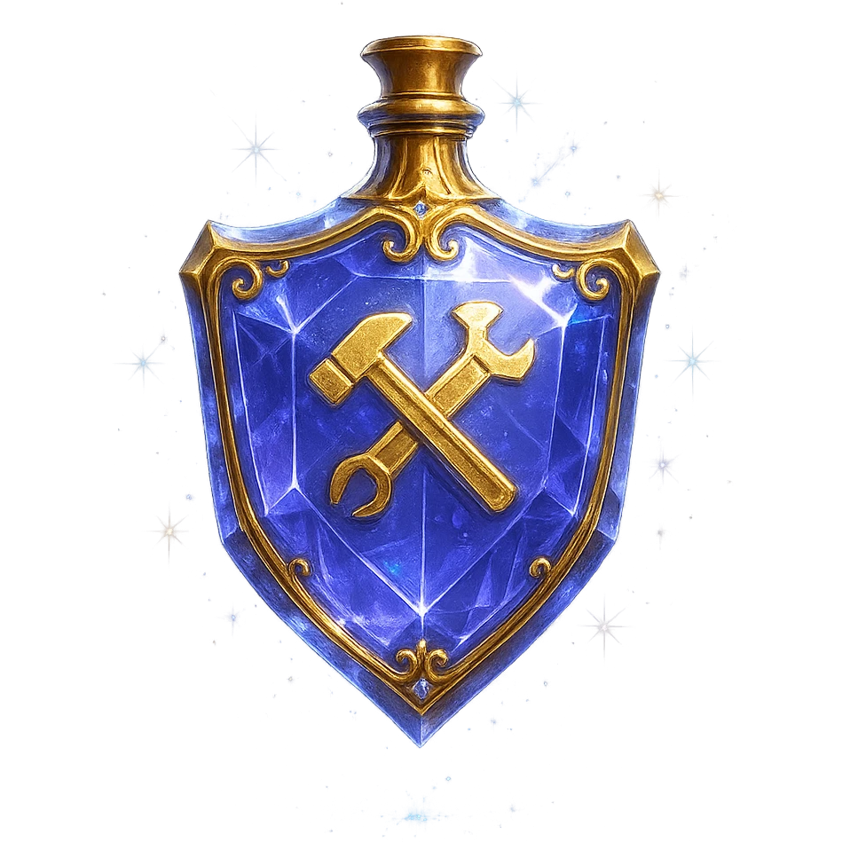 luxurious crystal elixir bottle in shield shape, color #7986cb, with 🛠 symbol on the bottle, lots of shining, edges, ornaments, golden details, magical effects, very small golden neck, transparent background, beautiful, seamlessly merging bottom, bottle clearly floating in air, no base or shadow, premium class, modern, fits a collection emoji