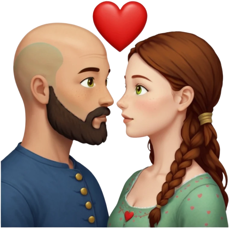 Couple. Bald man with dark brown-black beard. Woman with many small, faded, round freckles, white skin and she has auburn-yellow-brown-caramel-cinnamon dark hair. She has light yellow-brown-green eyes. He have hazel-blue eyes. They look at each other. Many small red hearts around them. emoji